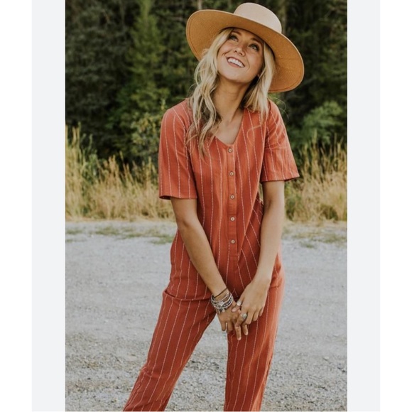 Roolee | Women’s Rust Brick Jumpsuit with Stripes Button Up & Pockets Size Small - Picture 1 of 9